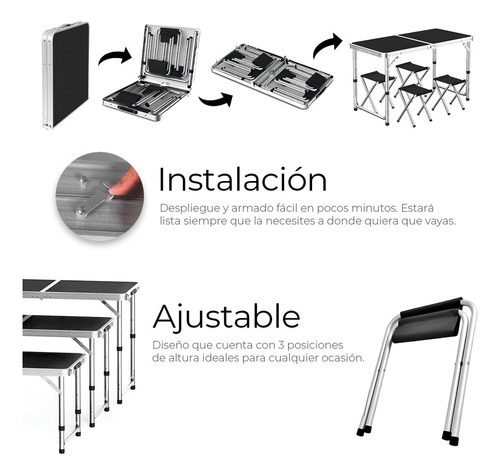 Mesa Plegable Para Camping Picnic Ajustable 1.20 Portátil 4 Sillas Color Negro