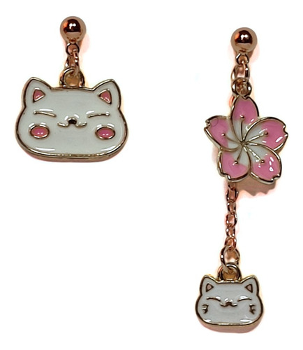 Aros Kawaii Gato Blanco Con Flor De Cerezo