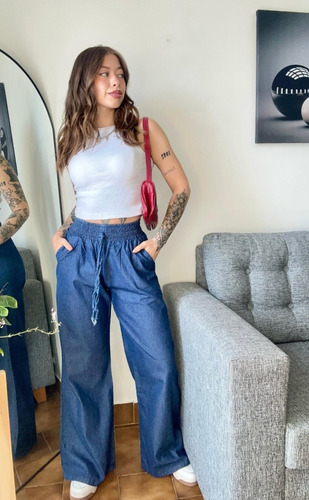 Palazo Jean Mujer Pantalón Dama Ancho Tendencia Moda Cintura