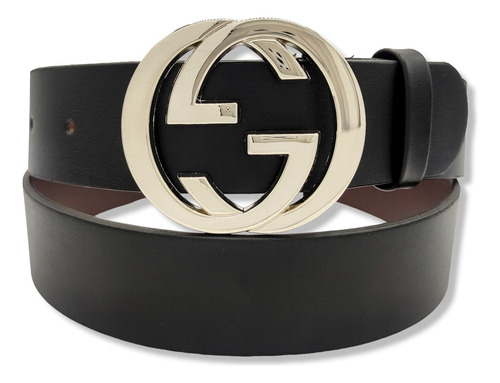 Cinturon Gg Moda Mujer Hombre Negro Liso Unisex G-invertida Color G Invertida Plateada Talla L (125cm)