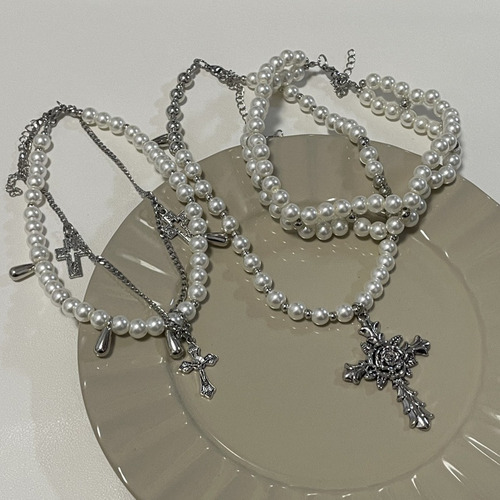 Collar Pearl Cross Con Cadena De Clavícula Multicapa Para Mu