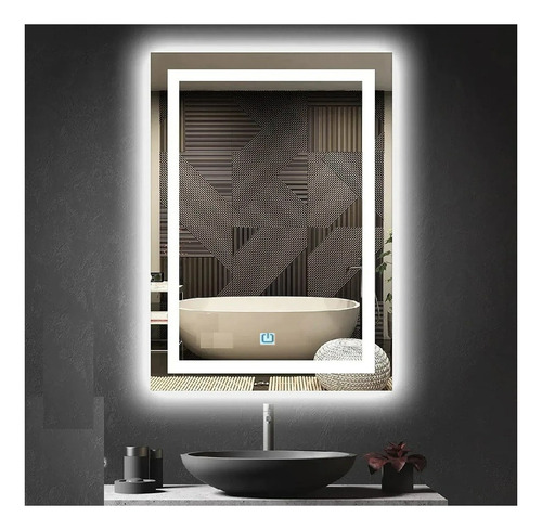 Espelho Jateado Iluminado Com Led E Touch Screen 80x70cm Moldura Branco Frio 6000k Na Vertical