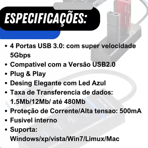 Extensor Hub 4 Portas Cabo Usb 3.0 High Speed Hd Pen Drive