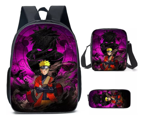 Kit Mochila C/ Carrinho + Lancheira + Necessaire Plus Naruto