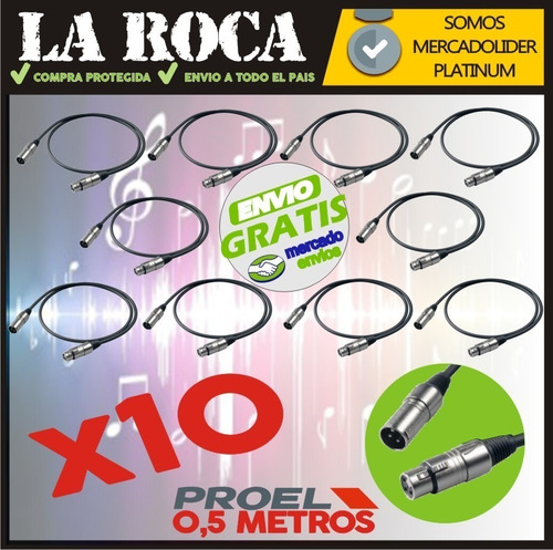 Imagen 4 de 10 de Kit 10 Cables Xlr Proel Bulk250lu05 Dmx Xlr 50 Cm Cuota