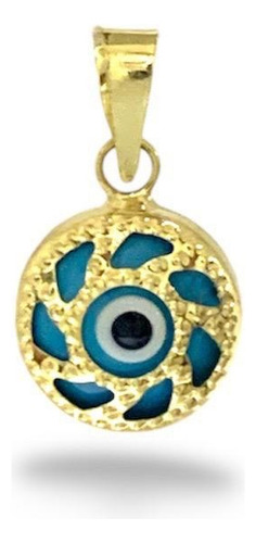 Dije De Oro 14k , Con Ojo Turco Redondo Sol , Estambul Joya Color Celeste