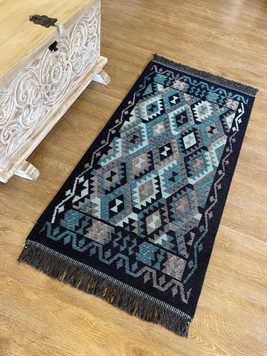 Tapete Diseño Antep 120x60 Cm - Kayi Negro Con Azul