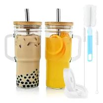 Comprar Tazas De Vidrio Con Tapas Y Pajitas De Bambú, Vaso De 24 Oz 