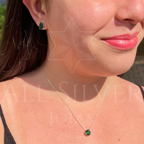Conjunto Colar E Brinco Feminino Kit Presente Luxo Prata 925 Cor Verde