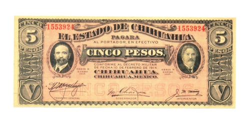 Billete México 5 Pesos Estado De Chihuahua 1915