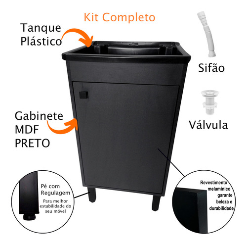 Tanque De Lavanderia 22l Com Gabinete Premium Black 46cm