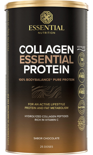 Suplemento em pó Essential Nutrition  Collagen Protein Collagen Protein Bodybalance colágeno Collagen Protein Bodybalance sabor  chocolate em pote de 417.5mL