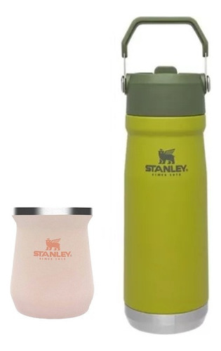 Set Botella Termica Stanley Flip Straw 650ml + Mate -plan B Color Mate Rosa Y Flip Verde Lima