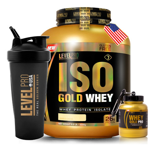 Iso Gold Whey 3kg + Shaker Level Pro + Porta Proteína