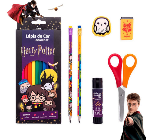 Lapis De Cor 12 Cores Harry Potter - Kit Escolar 6 Peças Marcação Colors