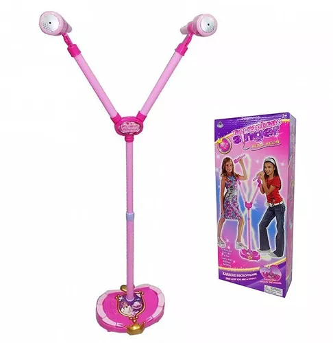 Microfono Infantil Doble Con Pie Karaoke Rosa 100cm Sonidos 