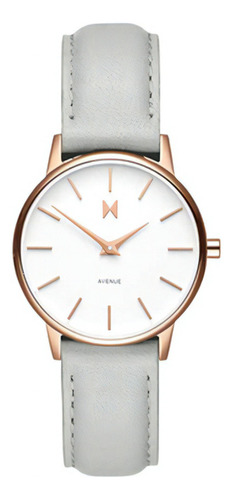 Reloj de pulsera Mvmt Avenue D-MA01-RGGR de cuerpo color blanco, analógico, para mujer, con correa de cuero color blanco, bisel color blanco y hebilla simple