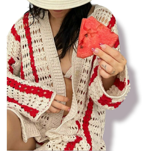 Cardigan Tejido A Mano Crochet Hilo Saco Verano Tendencia