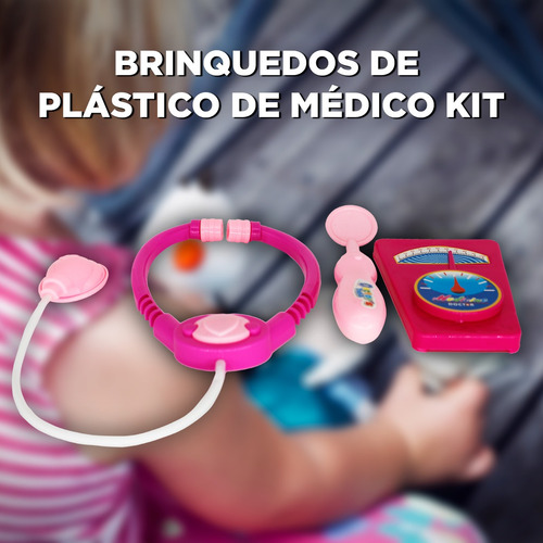 Imagem 4 de 7 de Brinquedo Kit Medico Rosa 3pçs Estetoscópio Colher Balança