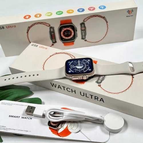 Smartwatch Gs8 Ultra recibe mensajes de Whatsapp con Insta Face, funda plateada, pulsera naranja, bisel plateado