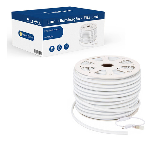 Fita Led Neon 5 Metros Conector Ip67 Branco Quente 3500k