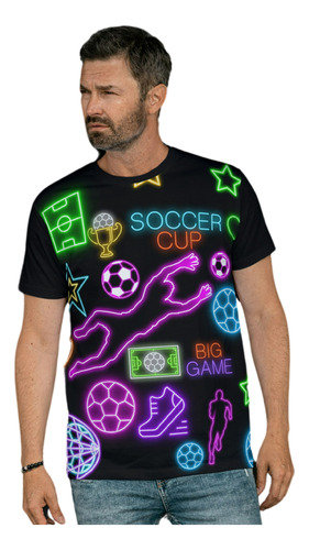 Camiseta Neon Brilha Luz Negra Jogo Futebol Bola Party Retro