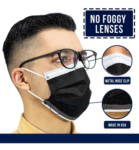 Cubrebocas Negro 3 Capas Desechables Tela Y Filtro 50 Piezas