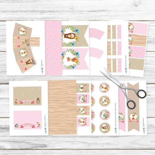 Kit Imprimible Animales Del Bosque Rosa, Candy Bar. Editable