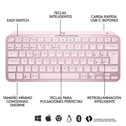 Imagen 5 de 10 de Teclado Avanzado Recargable Logitech Mx Keys Mini - Rosado
