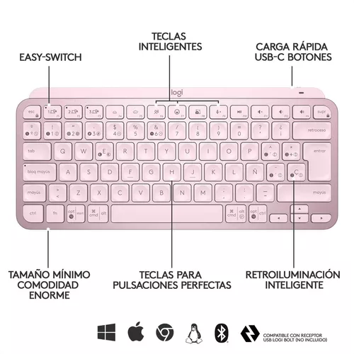 Teclado Inalámbrico Bluetooth Rosado Recargable En Español