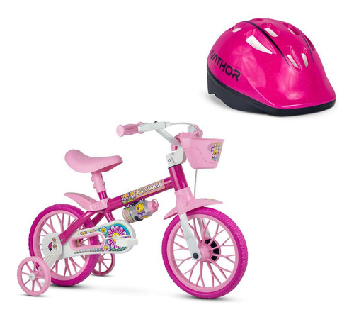 Bicicleta Infantil Aro 12 Flower + Capacete Rosa - Nathor