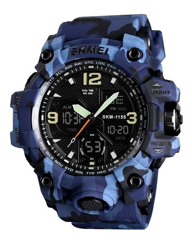 Reloj pulsera Skmei 1155 con correa de poliuretano color camuflado azul - fondo negro - bisel camuflado azul/negro