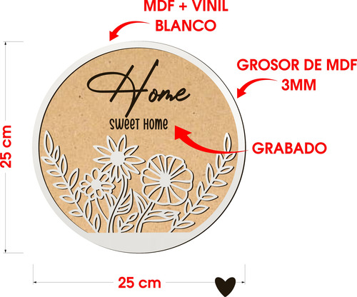 Cartel Decorativo Home Sweet Home Flores En Mdf 30cm