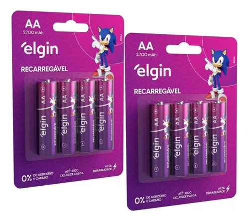 8 Pilhas Recarregável Aa 2700mah Blister C/4 Elgin -original