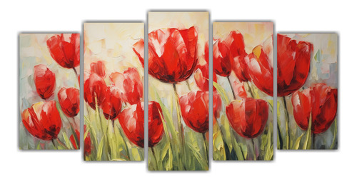 250x125cm Cuadro De Tulipanes Rojos Reflejados En Lienzo