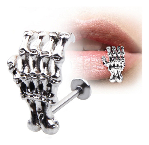 Anillo Barra De Forma Mano De Esqueleto Labio Perforación