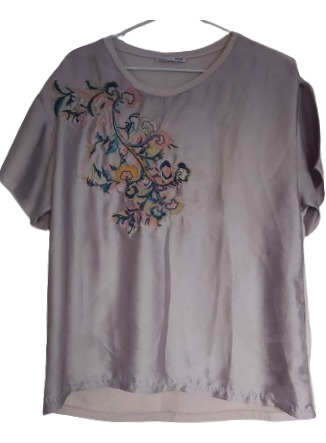 Blusa Zara Gris Remera Seda Bordada Flores T.l Imp.portugal