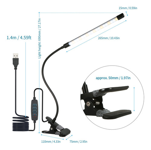 Clip-on Desk Lamp Dimmable Reading Light 3 Lighting Modes