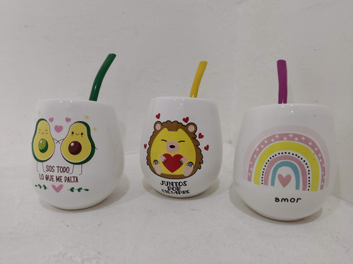 Mate Ceramica Con Bombilla Varios Diseños Rosa