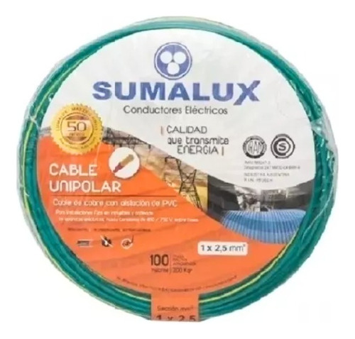 Rollo Cable Unipolar 2,5mm X 100m Normalizado Iram Por E631 Cubierta Verde/amarillo