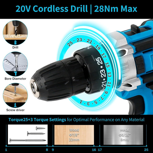 Taladro Inalámbrico De 20v Con 2 Baterías Para Trabajo En Ho