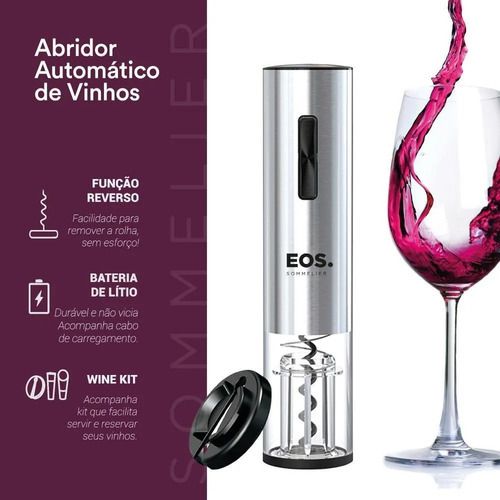 Abridor De Vinho Elétrico Inox Bateria Função Reverso - Eos