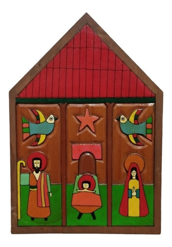 Nacimiento Pesebre Madera Colgar Pared Pintado A Mano 21 Cm