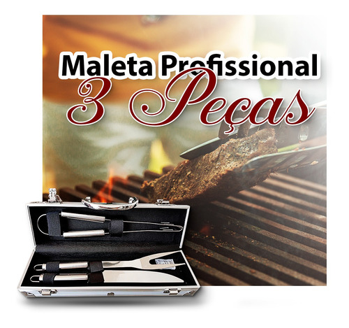 Imagem 2 de 6 de Kit Churrasco Faca Garfo Pegador Aço Inox Cozinha + Maleta