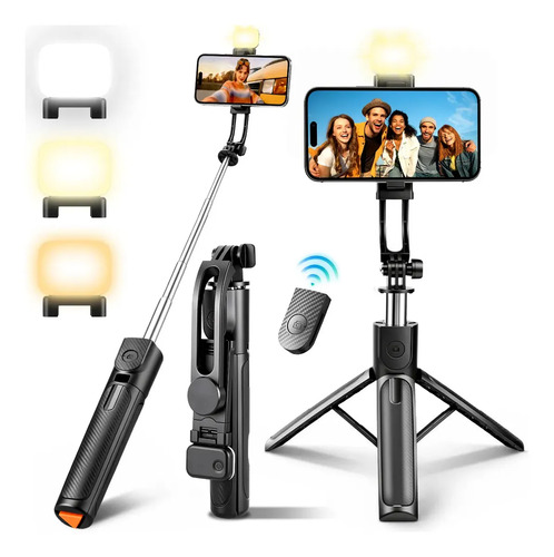 Tripie Camara Y Celular Profesional Con 3 Niveles Luz , Selfie Stick Tripode Camara Extensible Soporte Control Remoto Bluetooth Recargable 360° Giratorio Para Fotografía Video/Telefono/Luces 102cm Negro