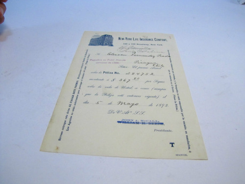 Documento Antiguo.pagare. New York Life Insurance. 1892