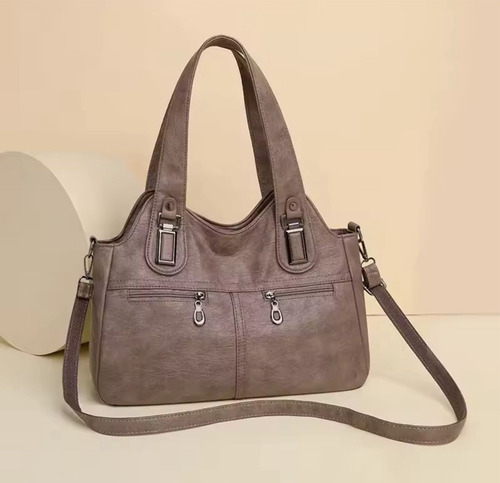 Cartera Bolso De Mujer Grande Estilo Básico De Eco Cuero Gris Liso Cromado Gris