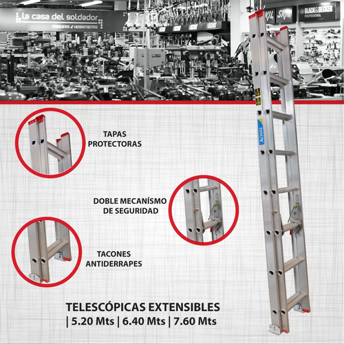 Imagen 2 de 6 de Escalera Telescopica Extensible Aluminio 14 A 28 Esc. 7.60m