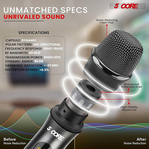 5 Core Uhf Micrófonos Inalámbricos Karaoke 210 Pies Alcance