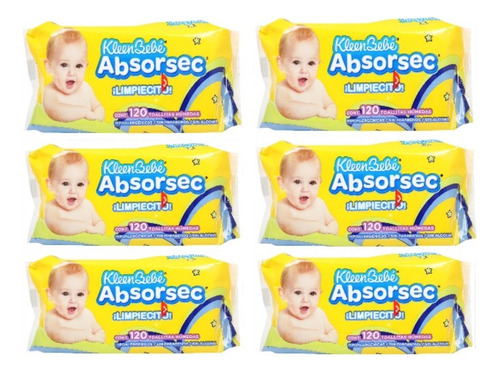 6 Paq Toallitas Humedas Kleen Bebé Absorsec 120 Toallitas